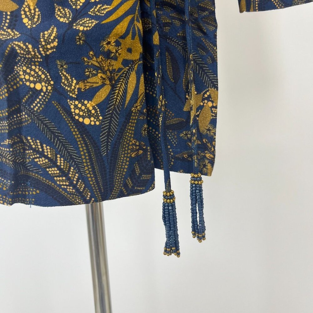 NWT Farm Rio Gold Blue Floral Forest Wrap Mini Dress Long Sleeve Size S - Picture 12 of 15